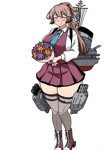 <lora:sinori0506:1>,1girl, kazagumo (kancolle), kazagumo kai ni (kancolle), detailed background, huge breasts, wide hips, aqua necktie, blue eyes, boots, bouquet, brown hair, collared shirt, cross-laced footwear, flower, full body, grey thighhighs, holding, holding bouquet, lace-up boots, long hair, machinery, necktie, orange flower, ponytail, purple flower, purple skirt, purple vest, rigging, shirt, skirt, smile, solo, thighhighs, torpedo, torpedo launcher, torpedo tubes, transparent background, vest, white shirt, 
very awa, masterpiece, best quality, highres, absurdes,amazing quality,year 2024,newest