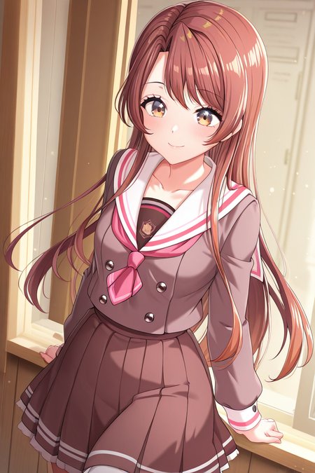 masterpiece, best quality, amazing quality,
 <lora:Haruna_IL:1> haruna, 1girl, solo, long hair, school uniform, skirt, brown hair, sailor collar, pleated skirt, neckerchief, brown skirt, long sleeves, smile, shirt, collarbone, white sailor collar, lillilly school uniform