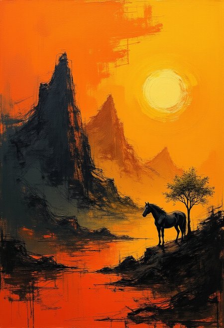 Immerse yourself in an ethereal world where vibrant hues dance amidst an abstract expanse of heavy brushstrokes. Bold splashes of vivid orange capture the essence of an enigmatic orange surface, enveloped in glowing golden auras. Amidst this surreal landscape emerges a towering mountain range cloaked in darker orange shadows, with jagged peaks reaching towards the mystical sky. A solitary black horse stands regal atop one of these peaks, its imposing presence contrasting gracefully against the rolling waves of sunlit paint. A small tree stands defiantly nearby, its sturdy roots anchored firmly into the luminous terrain, reaching towards the heavens with delicate green tendrils. As day fades into twilight, a serene moment of tranquility enfolds this enigmatic tableau, encapsulating a sense of timeless beauty that beckons the viewer into its mystical embrace. ,<lora:flux/fav/ck-charcoal-drawing-000014.safetensors:1.0:1.0>