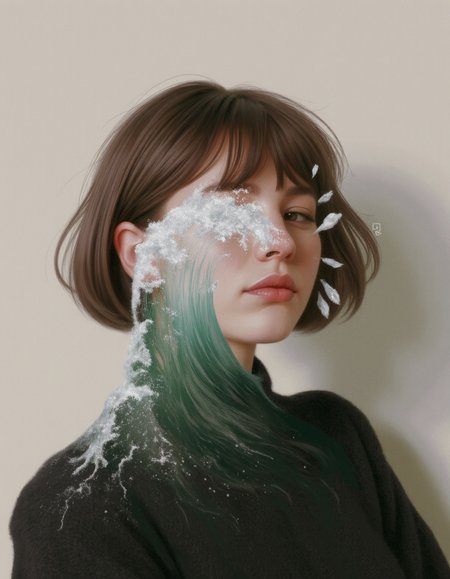 aayy, portrait of a woman with short brown hair and bangs, view from side, her face is covered by a wave coming off of her shoulder, dot of light, black sweater