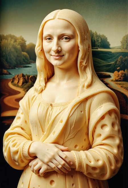 A statue of the Mona Lisa made of cheese. <lora:Hyper-FLUX.1-dev-16steps-lora:0.15> <lora:Challenge_Winnifier_ENTERPRISE_EDITION_epoch_5:0> <lora:Made_from_Cheese_Flux:1>