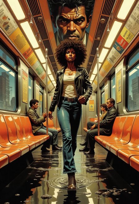 Comic book style 8k high quality digital painting , masterpiece, very detailed, ultra realistic, (best quality) very detailed epic masterpiece, This image is a anime photograph of the interior of a surface transport bus, captured in a warm, golden hue that gives the scene a nostalgic and slightly vintage feel. front view of a slim adult black woman, Afro Hairdo, Black leather jacket white tank top t-shirt and jeans, running fast across low water towards the camera, She is running very fast in low water towards the viewer. The bus features a sleek, modern design with polished stainless steel walls and ceilings. The floor is a dark, reflective black material that mirrors the light fixtures and the passengers' reflections. The seats are bright orange plastic, with a smooth, glossy finish, and are arranged in rows along the walls. Each seat has a backrest and a handrail for support. The windows are large and rectangular, allowing natural light to flood the car. Some people sitting here and there.
On the walls, there are advertisements and informational posters, including one that reads "Mullard Street Station" and another with a map of the subway system. The ceiling is lined with fluorescent lights, casting a soft, even glow throughout the car. The photograph captures the everyday experience of riding public transportation, emphasizing the practicality and functionality of the city transport's design, fna_style, Comic book style