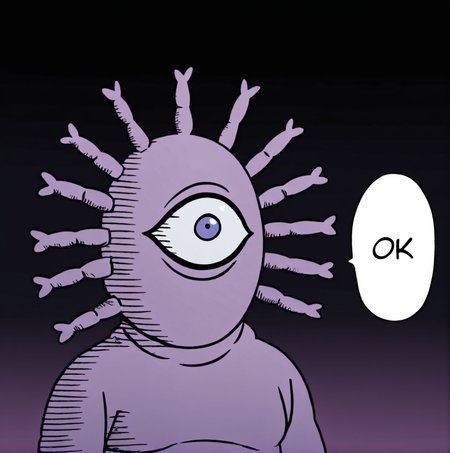 <lora:GyoroGyoro-000004:1> one-eyed, one eye, solo, no mouth, looking at viewer, no humans, male focus, 1boy,<lora:one_punch_man_ok_meme_illustriousXL:0.8> onepunchman_meme, speech bubble, english text, meme, parody, parallel lines, impact lines, purple gradient background, side view