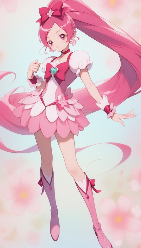 score_9,score_8_up,score_7_up,score_6_up,score_5_up,score_4_up,source_anime,best quality,masterpiece,realism,ultra-detailed,highres,solo,1girls,
<lora:p3tr4XLP:0.8>,p3tr4,flower pattern background,<lora:cureblossom.pony:1>,CUREBLOSSOM,long ponytail,hair ribbon,wrist cuffs,gem,flower earrings,boots,choker,shorts under skirt,pink shorts,