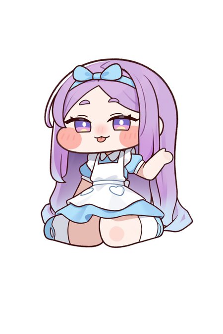 (trickcalcg), (chibi, chibi only:1.3), blush, blush stickers, 
1girl, solo, long hair, looking at viewer, blush, smile, simple background, white background, dress, bow, ribbon, closed mouth, very long hair, sitting, purple eyes, full body, hair ribbon, purple hair, multicolored hair, short sleeves, hair bow, frills, hairband, shoes, socks, tongue, puffy sleeves, hand up, tongue out, chibi, apron, puffy short sleeves, kneehighs, gradient hair, blue dress, :3, blue bow, white socks, blush stickers, thick eyebrows, transparent background, blue ribbon, white apron, :p, blue footwear, minigirl, collared dress, short eyebrows, blue hairband, bow hairband, alice \(alice in wonderland\) \(cosplay\), alice \(trickcal\), alice \(trickcal\) \(alice in wonderland style\), 
(masterpiece, best quality, absurdres, highres, newest, very awa:1.2), 