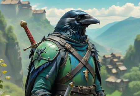 corvidfolk, holding a sword, blue and green armor, background sky over valley