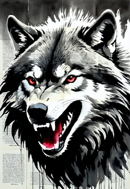 (by Loui Jover,traditional media, greyscale, monochrome, newspaper background:1.3), 
an awe-inspiring portrayal of a monstrous huge wolf. Every line and brushstroke bursts with vibrant energy, showcasing the intricate details of the beast's menacing fangs, adorned with striking shades of black and red. The image, most likely a dynamic and captivating painting, captures the essence of this legendary creature: its formidable power, dark allure, and undeniable presence. With meticulous precision, the artist masterfully captures fierce gaze and the intensity of its wrath, making this a mesmerizing and top-tier representation to behold
<lora:LOUIJOVER#SXDL1.0#by Loui Jover#v2.00#-000006-rs.sv_fro.0.999-nr.0128:1>