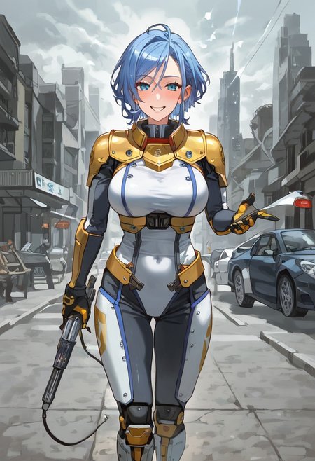 score_9,score_8_up,score_7_up,source_anime, 1girl, (((master piece:1.2))),(((best quality:1.2))),(((ultra detailed))),(((1girl))),(((intricate))),(((anime screencap))),(((very aesthetic:1.2))),((( Cité 17 background))),(((absudres:1.2))),(((embroidered))),(((scenery))),((extremely detailed CG)),(dynamic angle:1.4), woman in sci fi outfit standing on deserted street holding crowbar, 
BREAK,
half life (series), (ami mizuno reimagined as a scientist in hev suit from half life 2),breasts, 1girl, blue_hair, blue_eyes, (dynamic pose:1.4), Cité 17 background, smile, solo, looking_at_viewer, detailled_background, blue short_hair, blush, boots, gloves, standing, cowboy_shot, hev armor style, holding a crowbar, weapon, solo focus, holding, outdoors, covered navel, hev suit bodysuit
BREAK;
(intricate details:1.12), (intricate details, hyperdetailed:1.15), hdr, dystopian sci-fi city, (at day:1.2), cinematic, half life aesthetic, science aesthetic, ominous background, bimbo atmosphere, lustful atmosphere, gray and pastel theme, city background, ground vehicle, motor vehicle, car, building, electric cable, camera,