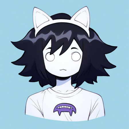 OverallDetail, angstrom, score_9, score_8_up, score_7_up, score_6_up, score_5_up, score_4_up, BREAK, Kiki Fukuoka, white eyes, no pupils, Colored skin, White skin, Black hair, Spiky hair, animal ears, cat ears, headband, :3, tail, white shirt, headshot, portrait,