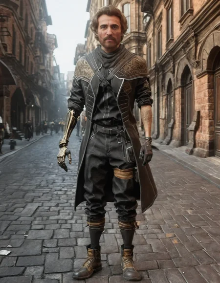 <lora:gustave_expedition33_illust:2>,gustave_expedition33,full body,in a city,prosthetic arm