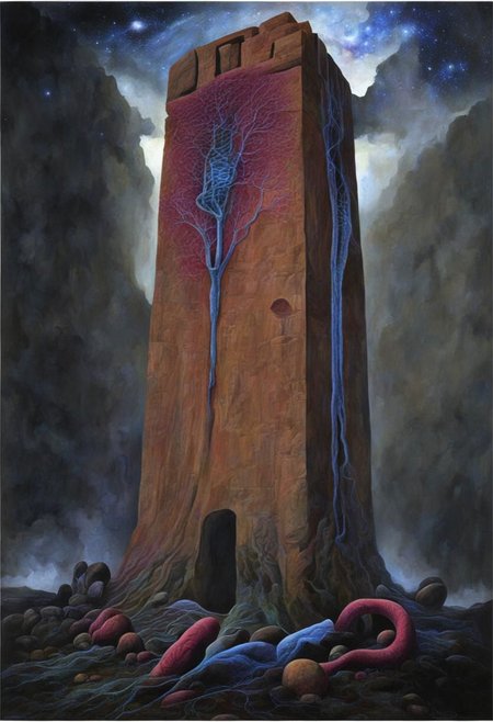Phallus, vagina, monolith, alchemy, twisting vines, DNA helix, binary code, galaxy, cosmic serpent