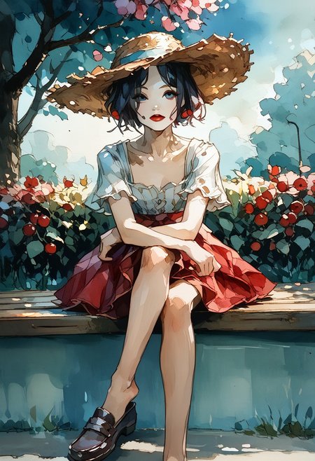 score_9, score_8_up,score_7_up, score_6_up, score_5_up, score_4_up, watercolor painting of
cute girl in white blouse and long skirt,((straw hat)), black bangs, himecut,red lipstick, white skin
((Sitting on a bench in a park),((cherry blossom))
(Slender body smooth),ng_deepnegative_v1_75t, easynegative, negative_hand, ArsMJStyle, Watercolor, shoe dangle, loafers