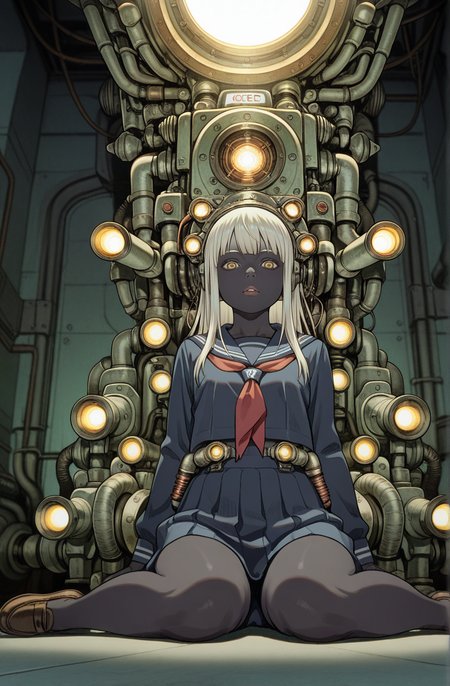 1girl,black skin,platinum hair,  from very below,close-up,wariza,serafuku,looking at viewer, 
tatsuyuki, (too much machine:1.3) ,A room full of pipes, searchlights, (Bionic :1.2)
 <lora:Perfect Hands:1>  <lora:Tatsuyuki:0.9> <lora:add-detail-xl:1><lora:age_slider_v4:-1>, score_9, score_8_up, score_7_up, score_6_up, score_5_up, score_4_up,zPDXL