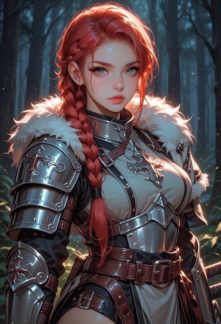 score_9, score_8_up, score_7_up, rating_questionable, magical lighting, dreamy lighting, soft lighting, steamy, depth of field,
1girl, slim, solo, beautiful eyes, long red hair, curvy, looking at viewer, single big braid, side braid, fur trim, northern warrior, northern armor, vambraces, arm guards, arm belt, closed mouth, belt, bracer, Northern sword, dynamic pose. Setting: gloomy Norwegian coniferous forest, northern sky. High priority to combat white face warpaint with black stripes. ,
Expressiveh, morimee_style