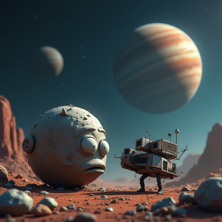 Create a picture of a used car lot for discarded space junk, with a salesman asteroid trying to sell a beaten-up satellite to a skeptical comet, photo realistic, 4k
