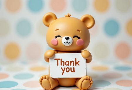 Cute bear doll, upper body, holding sign with both hands, sign says “Thank you”, smiling with eyes closed, checkered background, clay model image, pastel colors