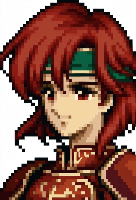 score_9, score_8_up, score_7_up, source_anime, 1girl, solo, smile,
<lora:zs_FE4PortraitsXL:1> fe4portraits, portrait, pixel art, white background, 
<lora:feminerva-pdxl-nvwls-v1-000005:1> feMva, red hair, short hair, red eyes, green headband, red armor, shoulder armor, gauntlets,