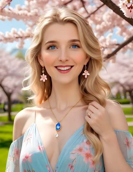 In a vibrant, sun-drenched park, Ameliagabs stands alone against the backdrop of blooming cherry blossoms. Her long, golden hair cascades down her shoulders, framing a radiant face that gazes directly at the viewer. She wears a flowy, pastel-colored dress adorned with delicate floral patterns, accessorized by a statement necklace and dainty earrings. Her full, pink lips curve into a soft smile, revealing a sparkle of joy in her bright blue eyes as she gently touches the pendant on her necklace, creating an intimate and captivating portrait moment.