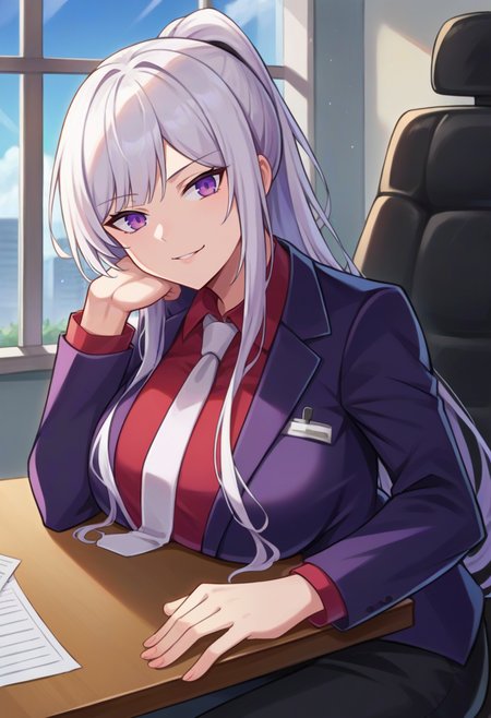 score_9, score_8_up, source_anime  BREAK solo, 1girl, cowboy shot, looking at viewer, 
 <lora:Ak12PdxlDwnsty-000008:1>, ak12suit, purple eyes, white hair, ponytail, sidelocks, long hair, red shirt, white necktie, collared shirt, formal, business suit, black jacket, black pants, elbows on table, behind desk, own hands together, interlocked fingers, head rest, head tilt, 
curvy, large breasts, serious, smirk,
indoors, office, office chair, window, desk, dimly lit, sitting, on chair,