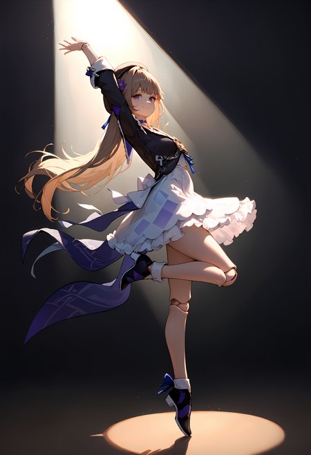 (score_9, score_8_up, score_7_up), 1girl, herta, doll joints, beret, purple choker, black boots, smile, closed mouth, standing on one leg, ballet, arm up, backlighting, spotlight, dark background, from side, tiptoes, <lora:herta-strPO-v1A:0.9>