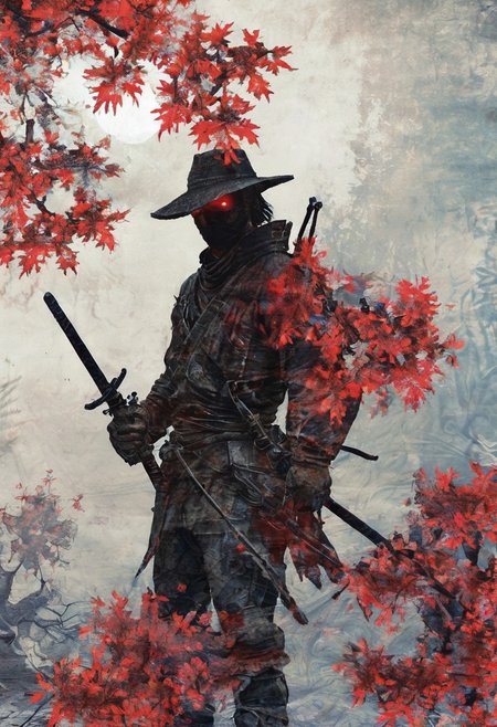 silhouette of a The Hunter in the city of Yharnam, Bloodborne, glowing eyes, t-shirt design, dark magic splash, gothic, Halloween, burnt orange gradient, magic, nature, clean background, magic splash, 3D vector art, fantasy art, watercolor effect, bokeh, Adobe Illustrator, hand-drawn, digital painting, soft lighting, isometric style, retro aesthetic, 4K resolution, using Cinema 4D, natural lighting, cinematic, masterpiece, highly detailed, intricate, extreme textures, horror, terryfying, creepy, Scary  <lora:EpicF4nta5yXL:0.8>,linquivera,  Ink illustration, (anime:0.5), brown tones, aged black red paper,Acer japonicum, inkpunk, surreal,  (at a distance), Will-o'-the-wisp, The city is in the background,moonlit, lonely, solitude, windy, tall trees, samurai sword fight, OverallDetail,Bonsai, bamboo grove,extremely detailed, UHD,(long exposure ,Radiant licorice, Red Japanese maples,dystopian but extremely beautiful:1.4),<lora:- SDXL - letitflrsh_let_it_flourish_V1.0:0.8> ,<lora:Cute_Collectible:1>, <lora:XL_boss_battle:0.6>  <lora:add-detail-xl:1>,  <lora:Concept Art Twilight Style SDXL_LoRA_Pony Diffusion V6 XL:1>,  <lora:MJ52:1>,CyberCity, (blue:1.3)，（red:1.4）,（yellow:1.2）,(harbor:1.3), (ship:1.2), neon lights, scenery, chinese_building, outdoors, road, night, sign, street, riot police, criminals,(bird eye view:1.2),