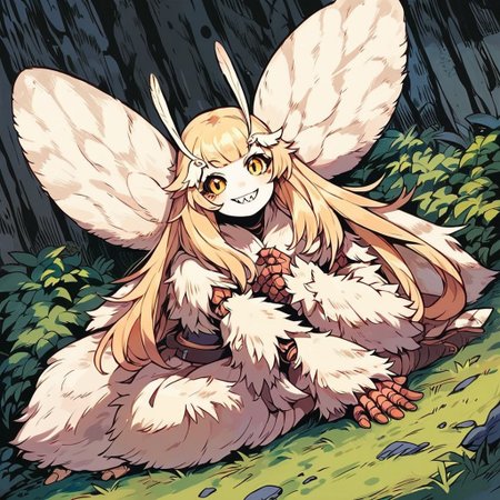score_9, score_8_up, score_7_up, 1girl, solo, moth girl, pink and white moth fluffy wings, fluffy body, white skin, yellow eyes, fur fluffy four arms, joints, white sclera, long hair, blonde, sharp tooth, happy expression, plump, cute, looking at viewer, cute smile, barbarian outfit,  little  female, smile, forest background, legs, full body, dutch angle,