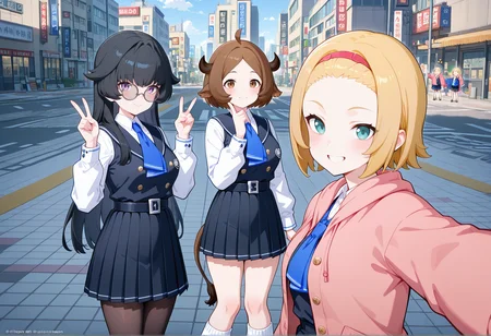 3girls, outdoors, city, smile, selfie, v,  1girl,  long hair, black hair, purple eyes, glasses, round eyewear, school uniform, vest, ascot, belt, pleated skirt, pantyhose
BREAK
3girls, outdoors, city, smile, selfie, v, 1girl, plump, short hair, brown hair, ahoge, brown eyes, cow girl, horns, tail, animal ears, school uniform, vest, ascot, belt, pleated skirt, leg warmers
BREAK
3girls, outdoors, city, smile, selfie, v, 1girl, blonde hair, short hair, aqua eyes, forehead, hairband, school uniform, vest, ascot, belt, pleated skirt, pink hoodie, hoodie,  <lora:ellens_friends:1>, masterpiece, best quality, amazing quality, very aesthetic, absurdres, highres, newest