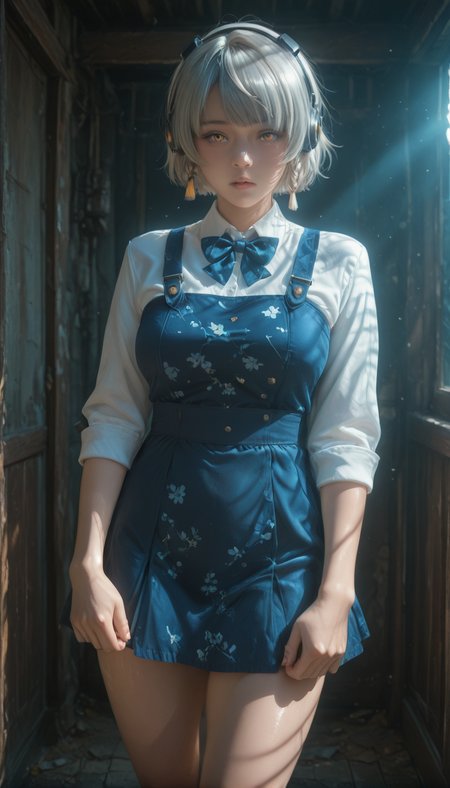 <lora:LCMTurboMix_Euler_A_fix:1> <lora:example_SDXL:0.3>, EZRealPONYXL, <lora:Dramatic Lighting Slider:3>  <lora:realistic filter [IL]:1>
DSLR,realistic,cosplay photo, (very awa,masterpiece,best quality,year 2024,newest,absurdres,highres:1), realistic,skin texture,facial features, photography shot with Canon EOS 5D Mark IV , realistic, RAW, best quality, masterpiece, amazing quality, skin details,
1girl, highly detailed beautiful face, large natural breasts,
detailed background, shiny skin, dutch angle, night, moonlight,
beautiful detailed eyes, intricate details, absurdres, anime screencap,
<lora:Anby_damara_ZZZ_ILXL_kill0825:1>
ZZZAnby, short hair, yellow eyes, white hair, grey hair, braid, orange eyes, parted lips,
shirt, skirt, long sleeves, dress, bow, jewelry, braid, thighs, pleated skirt, collared shirt, indoors, bowtie, black footwear, blue skirt, sleeveless dress, single braid, blue dress, blue bow, headphones, sandals, floral print, short dress, blue shirt, tassel, side braid, toenails, sleeves rolled up, upskirt, blue bowtie, toenail polish, pinafore dress, pleated dress, tassel earrings, school uniform, white shirt, 
dynamic pose. Looking at viewer, cowboy shot.