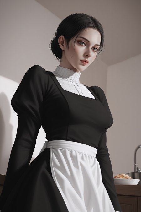 score_9, score_8_up, score_7_up, BREAK source_anime, <lora:Lara Tybur-PonyXL-lora-Faxtron:1> lara tybur, grey eyes, black hair, single hair bun, medium breasts, black dress, long sleeves, juliet sleeves, apron,