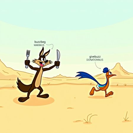 an illustration in the style of Looney Tunes, an anthropomorphic coyote chases an anthropomorphic roadrunner through a barren desert, the roadrunner is running away from the coyote, the coyote is holding a fork and knife above his head in a threatening manner, the roadrunner is sticking its tongue out, (a caption under the coyote reads "buzzbeg Maximus", a caption under the roadrunner says "givebuzz Donationus")