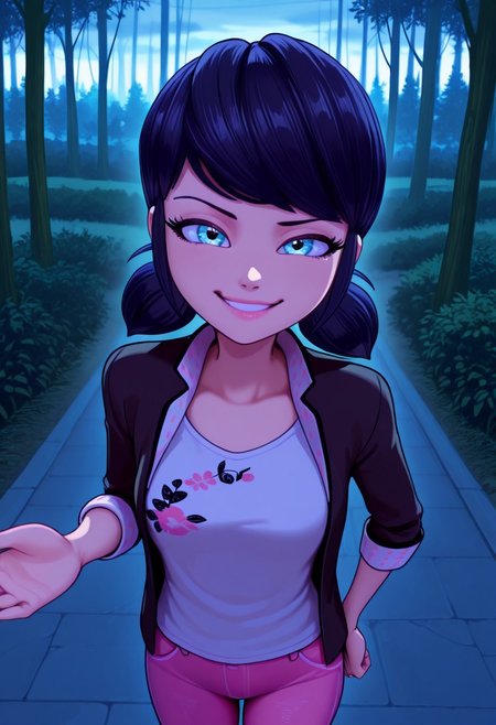 bright colors, detailed background,, volumetric light, vivid colours, standing,
looking at viewer, outdoors, overcast, dark, forest, vines, ponypositive, solo, solo focus, open hands on hip, single eyebrow lifted, smirk,
Marinette Dupain-Cheng, shoulder-length black hair with blue reflections tied back in pigtails, light pink lips, fair skin, bright bluebell eyes, unbuttoned jacket, white T-shirt, pink jeans, 
Smooth Quality,
best quality, hyper detailed, ambient stylish expressive lighting, absolutely eye-catching masterpiece, body extremely close-up view, (facing viewer), forward, face extremely close-up shot, chest focus, selfie,