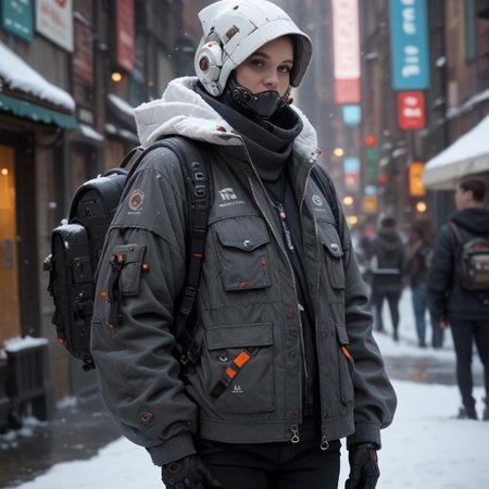 score_9, score_8_up, score_7_up, score_6_up, score_5_up, score_4_up, source_photo, source_real,  snow, techwear, solo, gloves, long_sleeves, standing, jacket, pants, hood, bag, blurry, no_humans, blurry_background, backpack, helmet, robot, mecha, 1other, zipper, science_fiction, realistic, humanoid_robot, Vivid Colors, high Contrast,