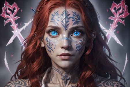 bright red hair, human female, (feminine:1.7), (beautiful face, detailed face:1.6), (beautiful eyes, detailed eyes:1.7), (looking at viewer, eye contact, intense:1.6), (long hair, red hair, curly hair:1.3), , ((masterpiece, best quality, high resolution, realistic, best quality,)), photo realistic, Perfect Face, (detailed face). <lora:GoodHands-vanilla:0.6> <lora:add-detail-xl:0.8>, mage, (Dress White military uniform coat), dagger, rune dagger, glowing runes, , (((glowing magic symbols tattoos, religious tattoos))), ((face tattoos)), glowing tattoos, stone tower in the background