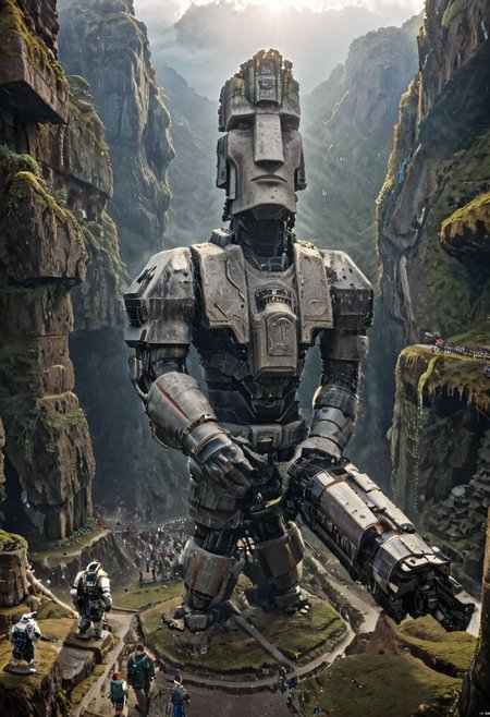 (Moai statue WITH Huge  mecha robots, ON easter island:1.5), 
(Ancient megalithic civilization, Azka Lines, on Easter Island:1.1), (The colonial city of the future, in the mist-filled Grand Canyon, on an unknown Earth-like planet, 2 moon on sky, Spaceship flight connects colonies, waterfulls:1), (Machu Picchu, a mountain settlement, incredibly spectacular:1),  (avant-garde, future, reality, science fiction, photorealistic), White limestone with black granite, fountain, waterfall, landmark, square, path, narrow street, (Large Files, Ultra Realistic, 8K, 16k, FHD, HD, VFX, Perfect, Photography, composition, Architecture Sales Photography, Architecture Competition, Ultra High Resolution, Cinematography, High Resolution Image:1), (dramatic lighting, direct sunlight, ray tracing, clear shadow:1), (real landscape:1), (blurred background:1.0), (urban background, more_details) ,
extremely detailed, industrialbuilding, drdnght machine, spstation, mayamaze, caveruinsAerial