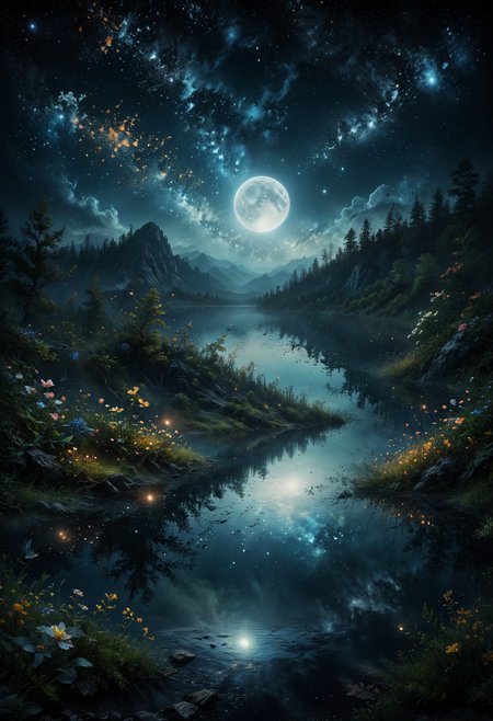detailed landscape, a lake in the middle of a forest, mountains in background, moon, moonlight reflection, night, stars, insecs, fireflies, flowers, detailed landscape, dark,<lora:add-detail-xl:1>, <lora:MJ52:0.25>,  <lora:SDXLFaeTastic2400:0.7>, <lora:ral-dissolve:1> ral-dissolve
