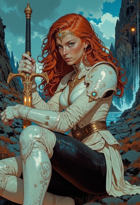 highly detailed and dramatic digital artwork, featuring a heroic woman red hair, long hair, blue eyes, fair_skin, fantasy, in the background a fantasy forest with castle ruins, looking at viewer, sword holds, she looks fierce and confident, watching the environment for dangers. ass focus, she wears a white corset with gold edging, shoulder armor, white overknee leather boots with gold edging, black leather leggings, brown leather belt around the waist. bold dark eye markup and lashes accentuate her blue eyes. her  long red hair with golden tiara. expressive pose, moody lighting, full body, sexy pose, futuristic, neon lights, volumetric lighting, vivid colours. Perfect Composition, realistic photographic image, RAW photo highest quality