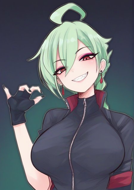 1girl, rika (pokemon), huge breast, ahoge, alternate costume, black gloves, black nails, braid, braided ponytail, claw pose, earrings, eyeshadow, fingerless gloves, gloves, green hair, green nails, grin, hand up, head tilt, high collar, jewelry, long hair, looking at viewer, makeup, nail polish, red eyes, smile, solo, stud earrings, teeth, upper body, zipper, zipper pull tab, zPDXL3 <lora:åæä¸¡äº¬aahnnes:1>