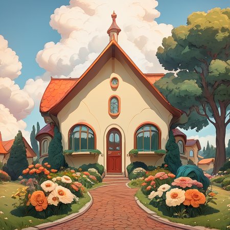 score_9, score_8_up, score_7_up, score_6_up, BREAK <lora:Disney_NouveauPony:1> ArsMJStyle,Disney Nouveau, The image shows a house with a red roof and a walkway in front of it surrounded by lush green grass vibrant flowers tall trees and fluffy white clouds in the sky., no humans, flower, tree, outdoors, scenery, sky, cloud, grass, day, path