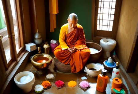 breathtaking (otherworldly),highly insanely detailed,masterpiece,top quality,best quality,highres,4k,8k,RAW photo,(beautiful and aesthetic), Buddha, monk, Silhouettes of dazzling,rich colors,<lora:add_detail:0.7>,(mewkledreamy:1.1), . award-winning, professional, highly detailed, meditating, easynegative, ruanyi0181,indoors,toilet, Buddha, monk, DeepNegative_xl_v1