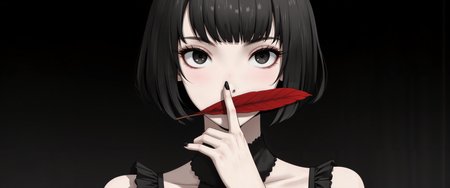 1girl, solo, black hair, bob cut, bangs, black eyes, solid eyes, detailed eyes, glooming eyes, eyelashes, makeup, expressionless, looking at viewer, pale skin, black nail polish, frilled dress, high collard,lace trim, collarbone, holding feather, covering mouth and nose with red feather, black gradient background, dark theme,chromatic aberration, backlighting, straight on, close up, face portrait, limited palette, no lineart, no outline,painterly, minimalism, blending, flat color<lora:Evangelion_Post-impact_Apocalyptic_Style_Flux.1_D_by_AutoPastel-000019:0.38> <lora:Hand v2:0.99> <lora:Dark_Gray_Photography_flux:0.22> <lora:8k Midjouney Anime Style:0.83>