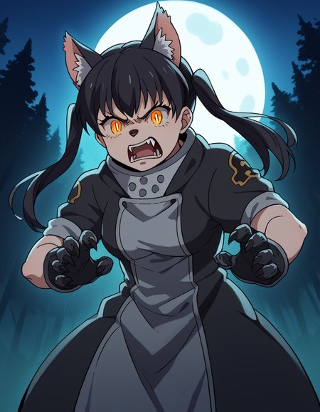 score_9, score_8_up, score_7_up, source_anime, <lora:tamaki-kotatsu-s1s2-ponyxl-lora-nochekaiser:1>, tamaki kotatsu, long hair, bangs, black hair, twintails, medium breasts, yellow eyes, orange eyes,, <lora:werewolf-ponyxl-lora-nochekaiser:1>, werewolf, furry, fangs, animal ears, gloves, angry, teeth, animal ear fluff,, forest, night, moon, open mouth, , dutch angle, cowboy shot