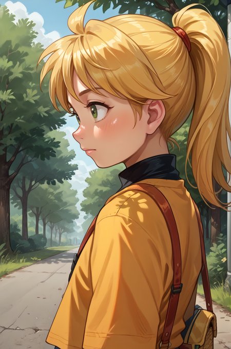 1girl, solo, outdoors, 
 <lora:YellowXL:0.8> YellowXL, , score_9, score_8_up, score_7_up, source anime, (shiny skin:1.20),