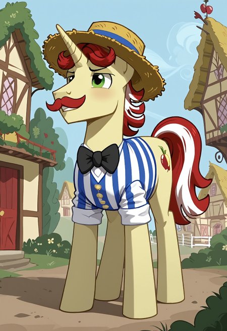 safe_pos, safe_pos, score_9, score_8_up, score_7_up, rating_nsfw, ultra hd, absurdres, solo, masterpiece, best quality, best aesthetic, Expressiveh, wolfconf,

MLPFLam, flam_redmustache, flam_redcutiemark, flam_redhair, unicorn, bowtie, striped shirt, pony, ponyville, horse, on all fours, straw hat