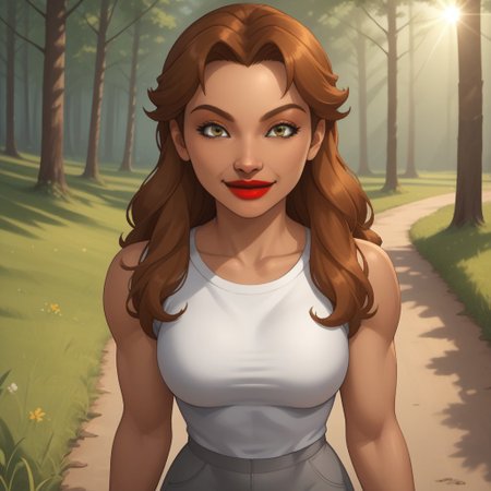score_9, score_8, BREAK, solo, wii, mii, wii sports, 1girl, female mii, dark yellow eyes, black eyeshadow, auburn hair, red lips, lipstick, big lips, white clothing, gray pants, shoes, cute, nintendo mii, modern_mii, classic_mii, breasts, naomi_(\wii_sports\), sexy pose, smile, outdoors, sunlight, shadows, evening lighting, natural lighting, forest, trees, grass, orange sky, sunset
