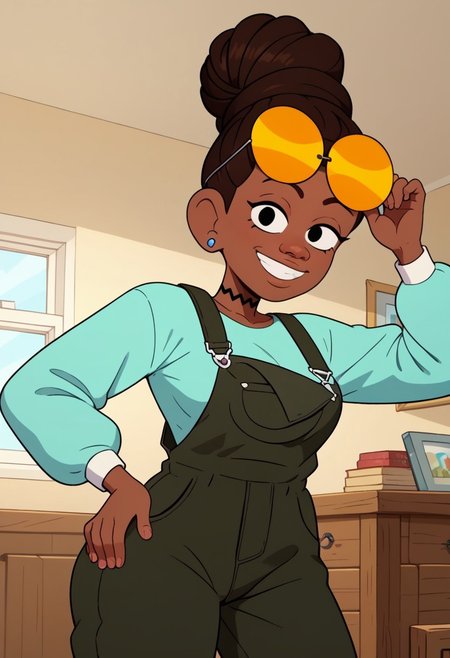 ((bedroom background)),score_9, score_8_up, score_7_up,score_6_up, 
1girl, Solo, JasmineW_Cotc, brown skin, black eyes, dark brown hair, hairstyle in a high bun, yellow sunglasses on head, small blue earrings, black choker, long sleeve aquamarine shirt, nori seaweed green overalls, white sneakers with yellow details, big eyes, tall stature, social smile, sexy face, close-up, cowboyshot, perfect eyes, perfect smile, looking at the viewer, big breasts, detailed eyes, perfect eyes, very close-up, cute, standing, head on, hand on sunglasess, hand on hips, low-angle view:1.3, front view