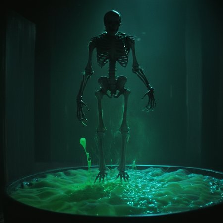cinematic film still of  <lora:Fright Night 1985 style v2:1>
In the 1980's Zombie Skeleton creature monster a person standing on a green object with green liquid,blurry,depth of field , horror themed, dark themed, low key light, dramatic light, dramatic shadow light, contrast, cinematic color, cinematic look, filmic, realistic, realism, perfection, perfect, Kodak, Kodak film, movie still, Fright Night 1985 style, Fright Night Film style, shallow depth of field, vignette, highly detailed, high budget, bokeh, cinemascope, moody, epic, gorgeous, film grain, grainy