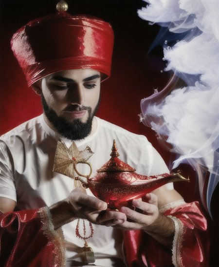 a man holding a red magic lamp with smoke <lora:genielamp6:1>,white coat,photorealistic, perfect face, deviantart hd, artstation hd, concept art, detailed face and body, award-winning photography, margins, (detailed face:1.6), detailed hands,backlight,12k ultrarealistic, ray tracing, cinematic lighting, art by Grzegorz Rutkowski