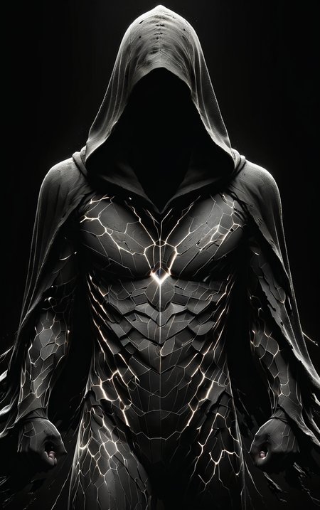 ShatteredCloth,solo,monochrome,greyscale,male focus,hood,cape,black background,facing viewer,cloak,clenched hands,hood up,arms at sides,hooded cloak,dark cloak,no face,face not seen,shattered effect on clothes,face hidden
<lora:add-detail-xl:0.8> <lora:ShatteredCloth:0.6>