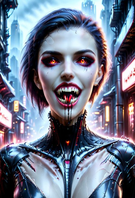 woman mad-cbrbdy, Vampire woman, smiles, open mouth, perfect fangs, long vampire fangs, normal ears, perfect eyes, perfect face, hyper detailed eyes, dark gray eyes, on a street cyberpunk city, posing, sexy pose, beautiful perfect face, beautiful perfect eyes, perfect quality, full bodysuit, raw photo, (photorealistic, realistic:1.0), ultrahigh res