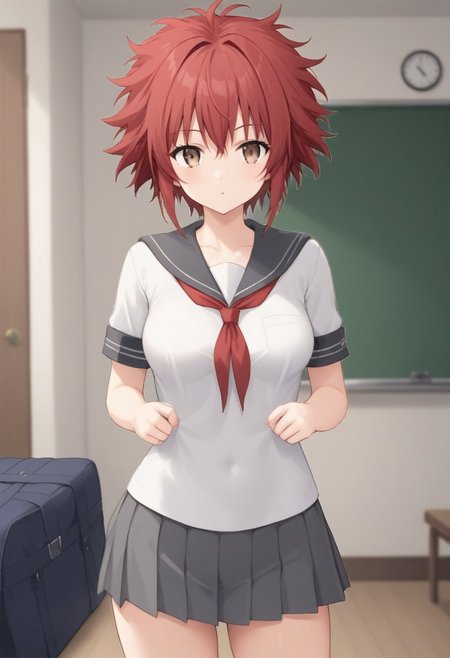 best quality,(SFW:1.5),(source_anime:1.5),1girl,ARTI,tsurime,small dark brown eyes,very short hair,messy hair,crimson hair,medium breasts,school uniform,gray skirt,BREAK,class room